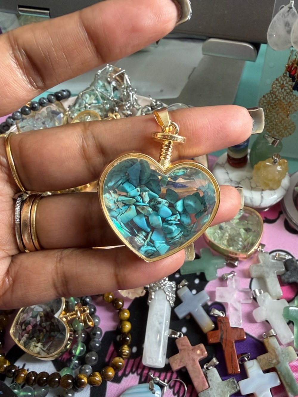 Gold Heart Pendant Necklace with Turquoise Chip Inlay